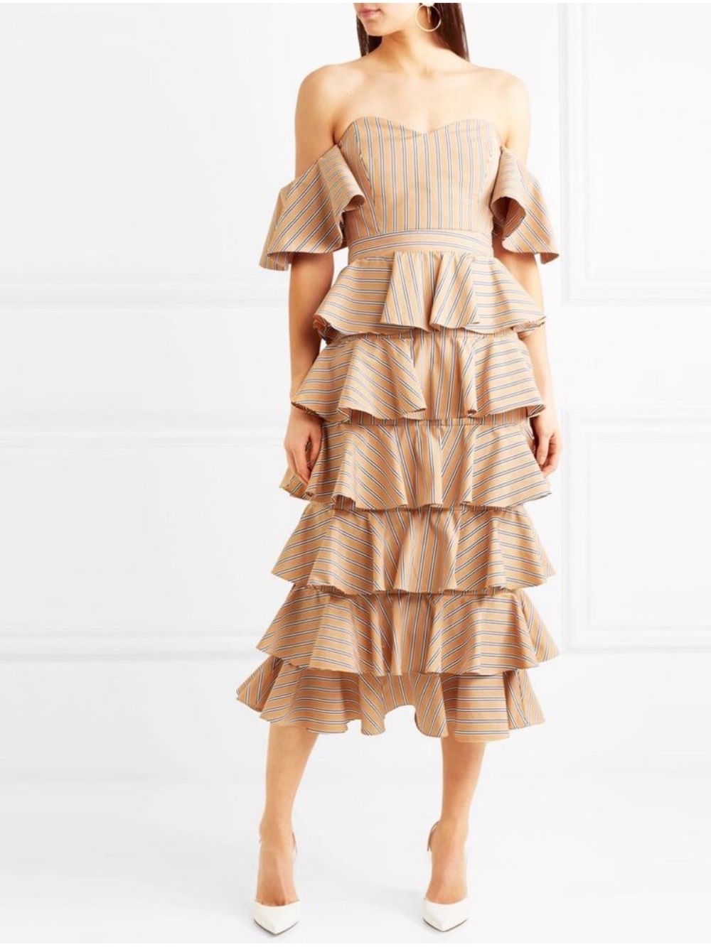 NWT Caroline Constas Strapless Tiered Ruffle Midi Dress in Tan with Blue Stripe